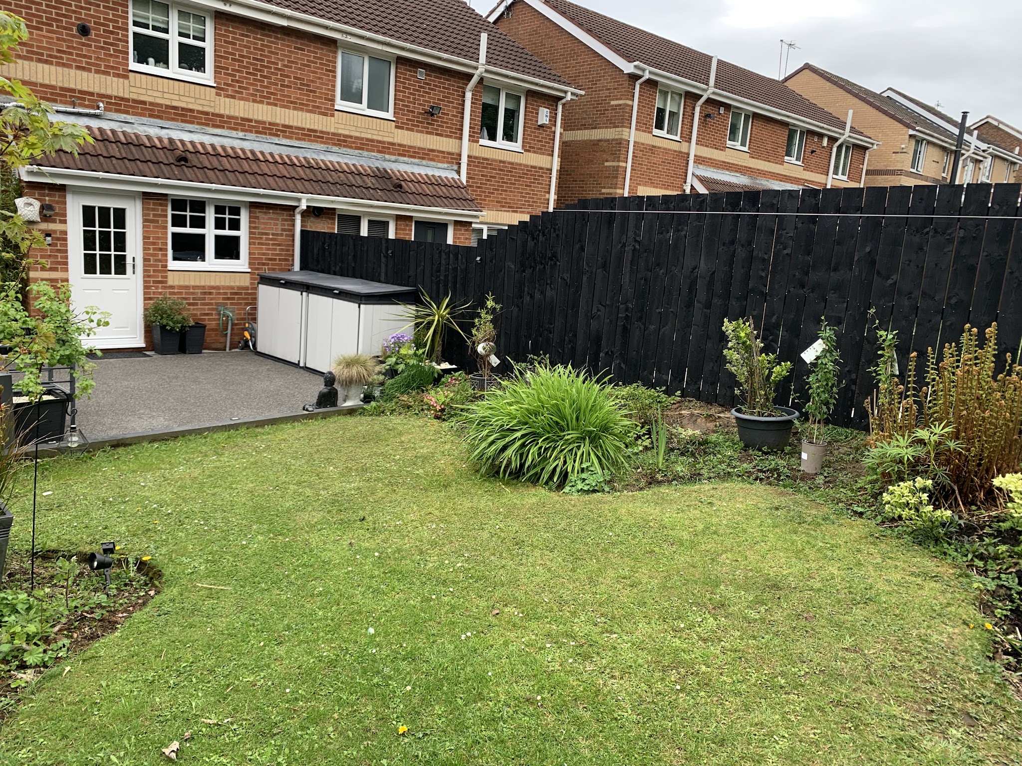 Rear garden with a black-stained fence, lawn and planted borders