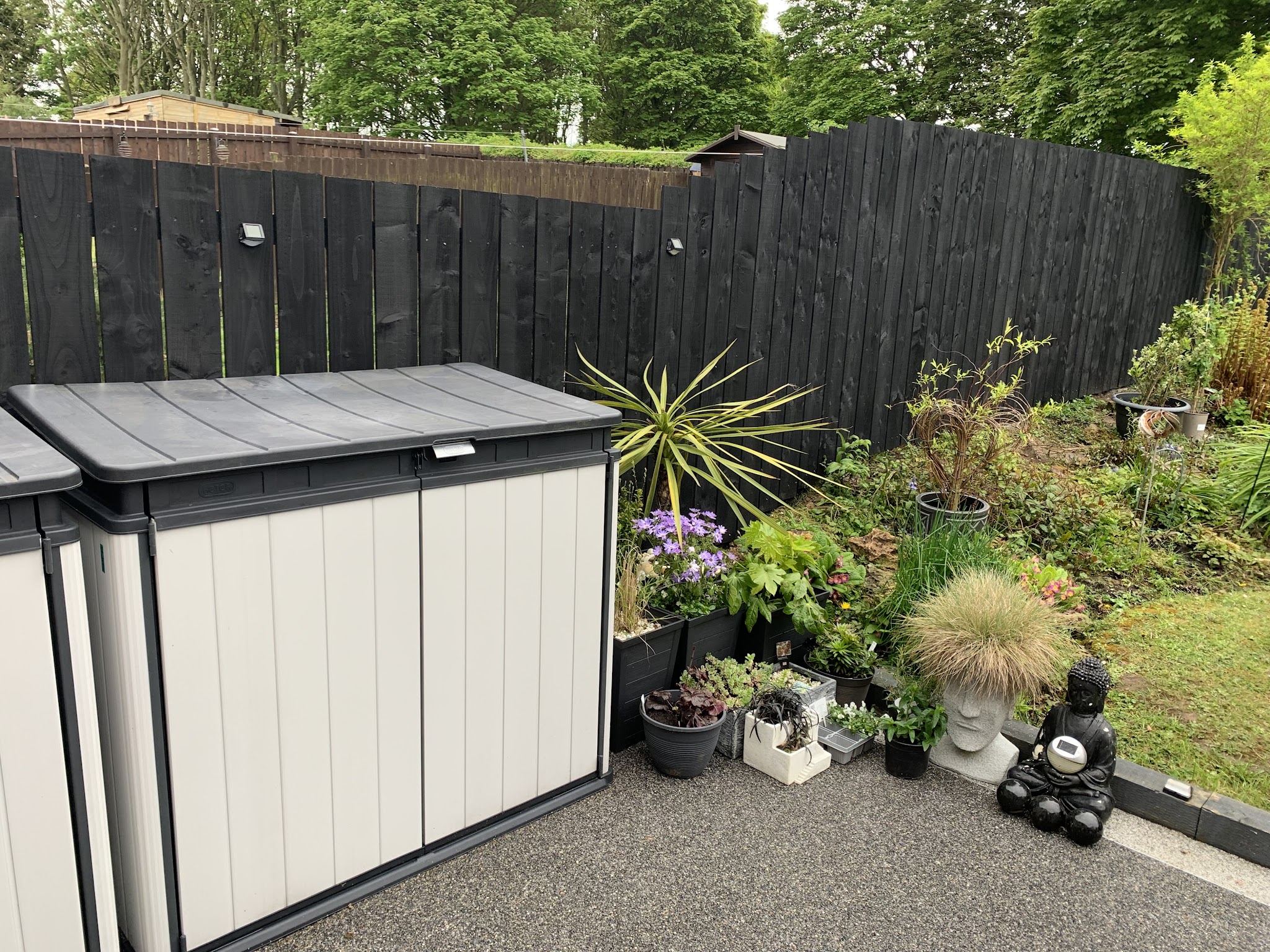 Black fence behind a planted border and a garden storage box